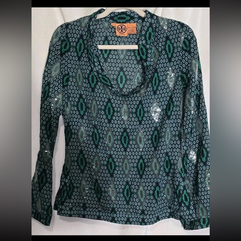 Tory Burch Green and Black Geometric Blouse